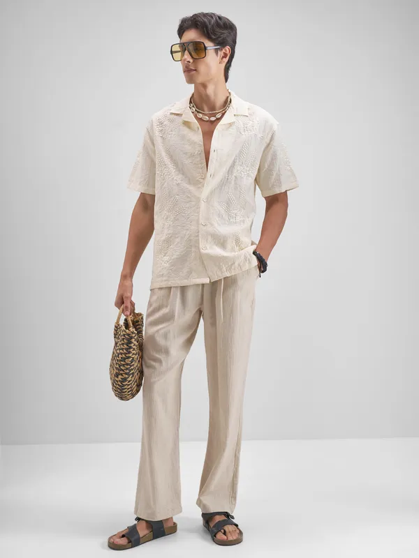 Highlander Men Cream Embroidered Relaxed Fit Casual Shirt