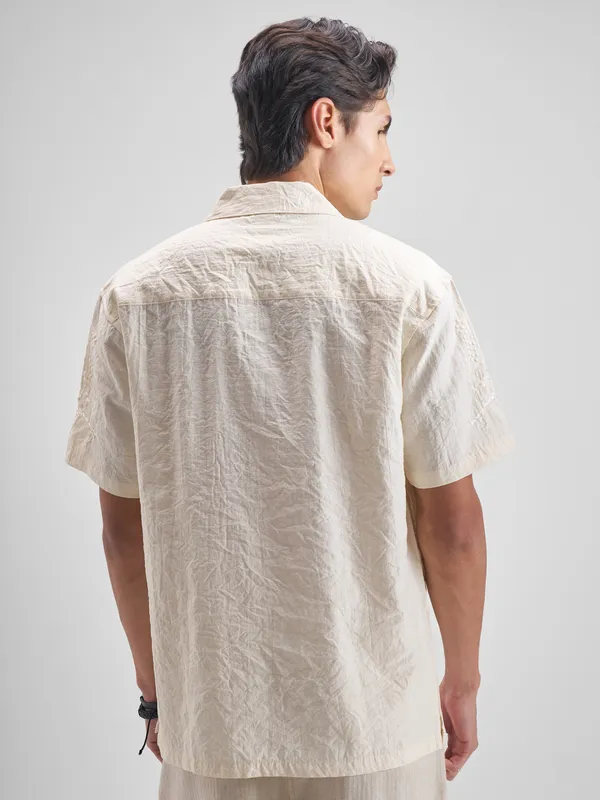 Highlander Men Cream Embroidered Relaxed Fit Casual Shirt