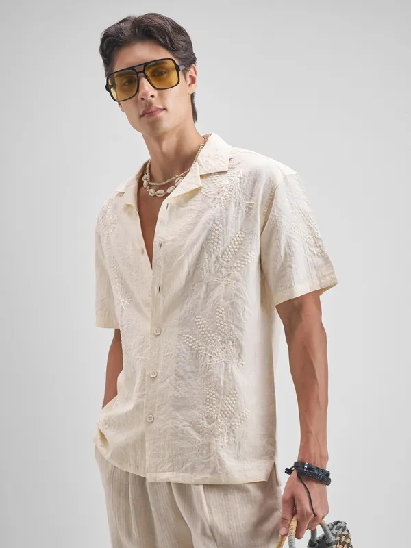 Highlander Men Cream Embroidered Relaxed Fit Casual Shirt