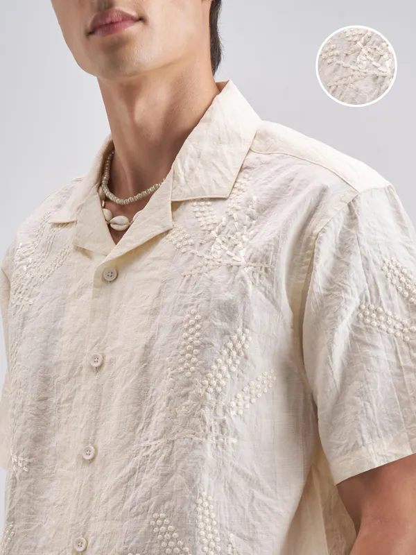 Highlander Men Cream Embroidered Relaxed Fit Casual Shirt