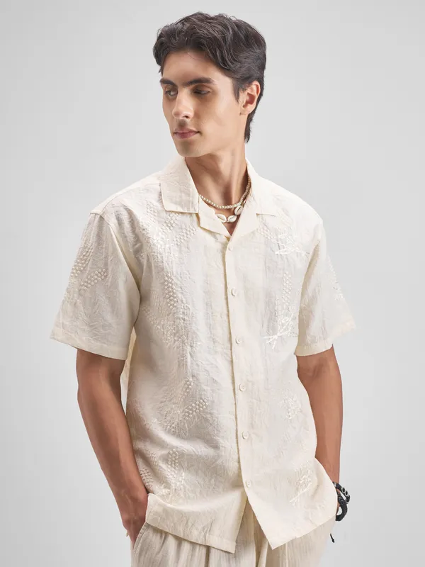Highlander Men Cream Embroidered Relaxed Fit Casual Shirt