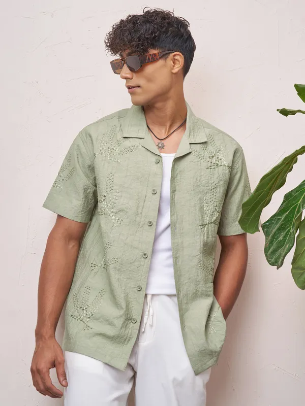 Highlander Men Green Self Design Relaxed Fit Casual Shirt