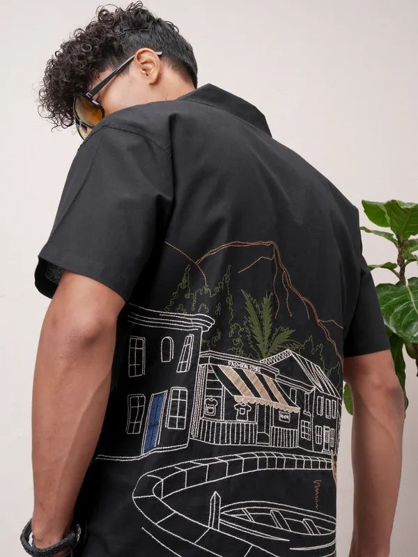 Highlander Men Black Embroidered Relaxed Fit Casual Shirt