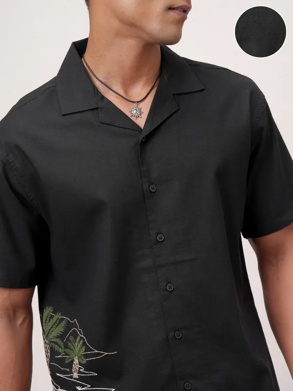 Highlander Men Black Embroidered Relaxed Fit Casual Shirt