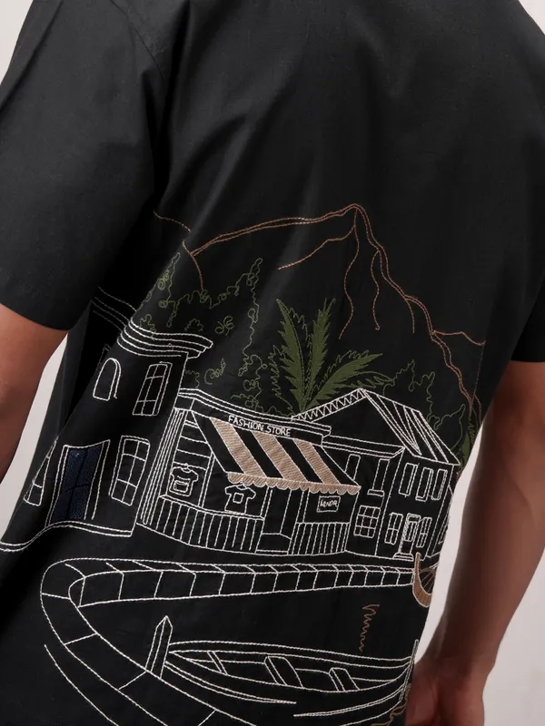 Highlander Men Black Embroidered Relaxed Fit Casual Shirt