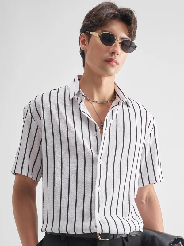 Highlander Men White Striped Relaxed Fit Casual Shirt