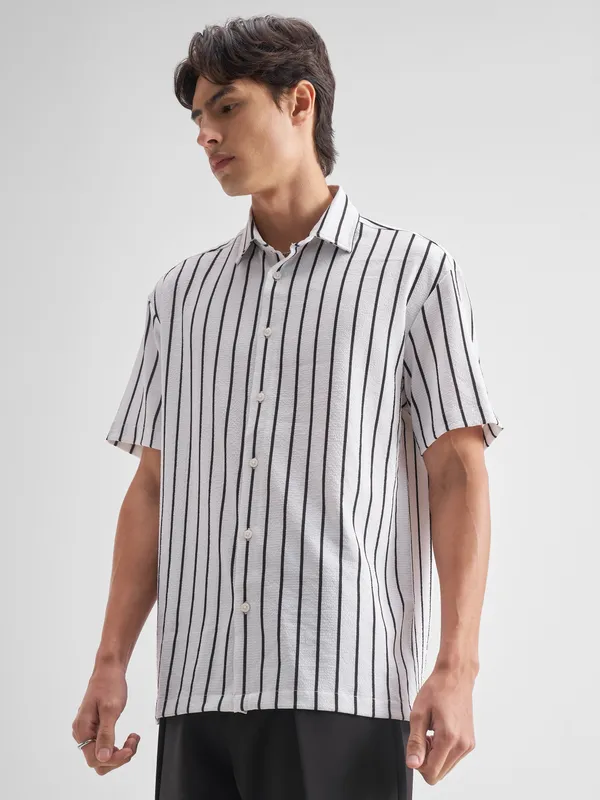 Highlander Men White Striped Relaxed Fit Casual Shirt