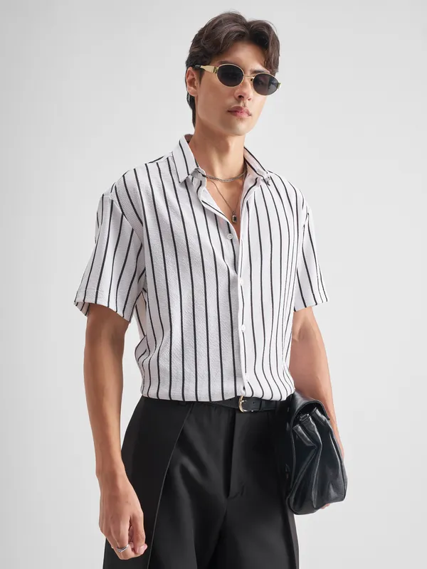 Highlander Men White Striped Relaxed Fit Casual Shirt