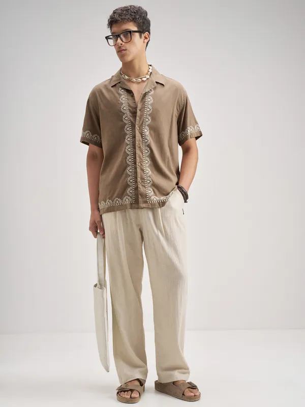 Highlander Men Brown Embroidered Relaxed Fit Casual Shirt