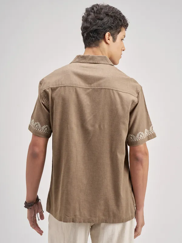 Highlander Men Brown Embroidered Relaxed Fit Casual Shirt
