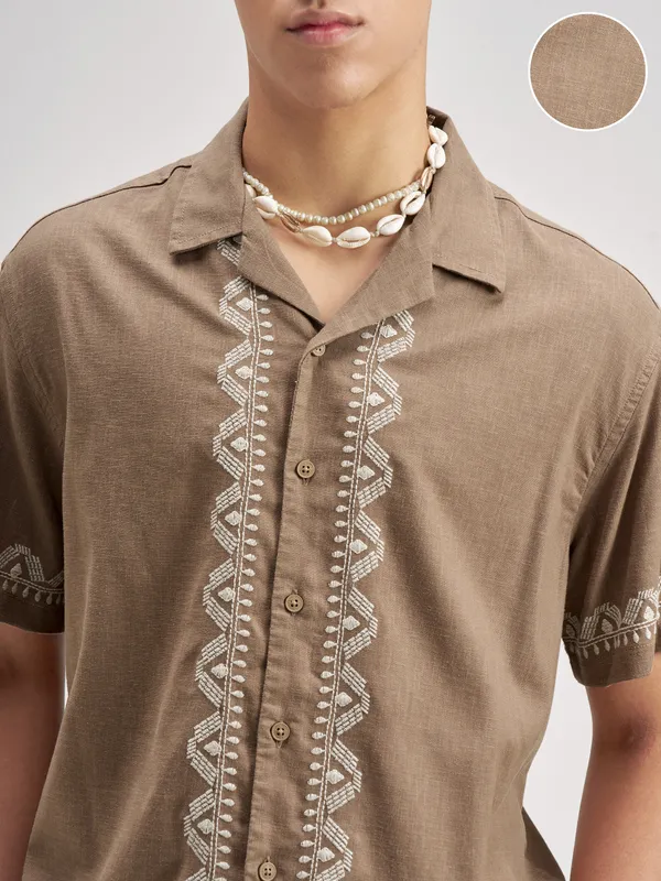 Highlander Men Brown Embroidered Relaxed Fit Casual Shirt