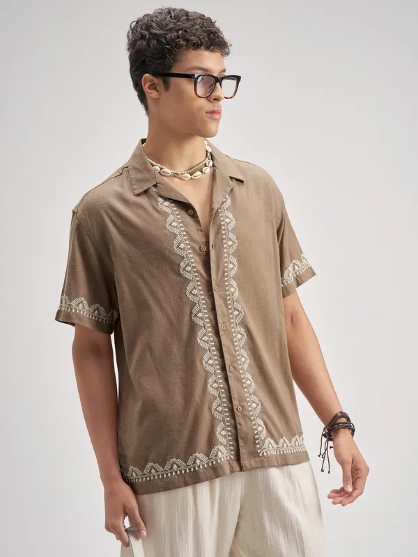 Highlander Men Brown Embroidered Relaxed Fit Casual Shirt