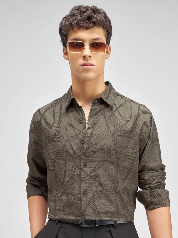 Highlander Men Olive Embroidered Relaxed Fit Casual Shirt
