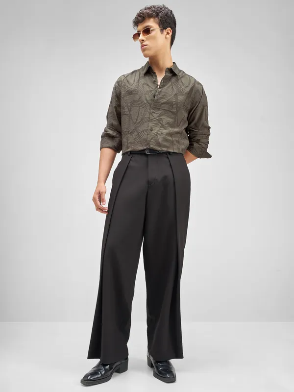 Highlander Men Olive Embroidered Relaxed Fit Casual Shirt