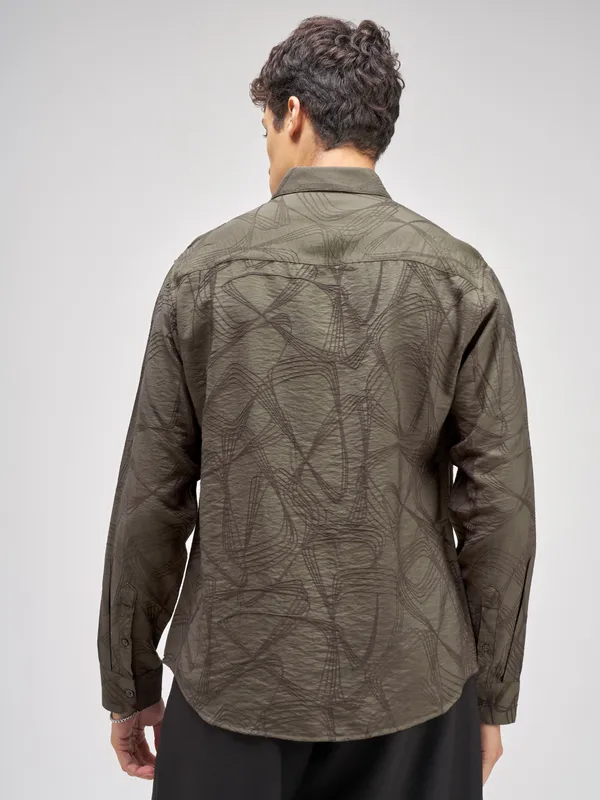 Highlander Men Olive Embroidered Relaxed Fit Casual Shirt