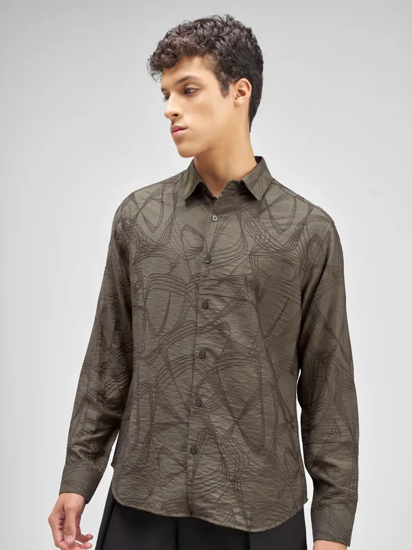 Highlander Men Olive Embroidered Relaxed Fit Casual Shirt