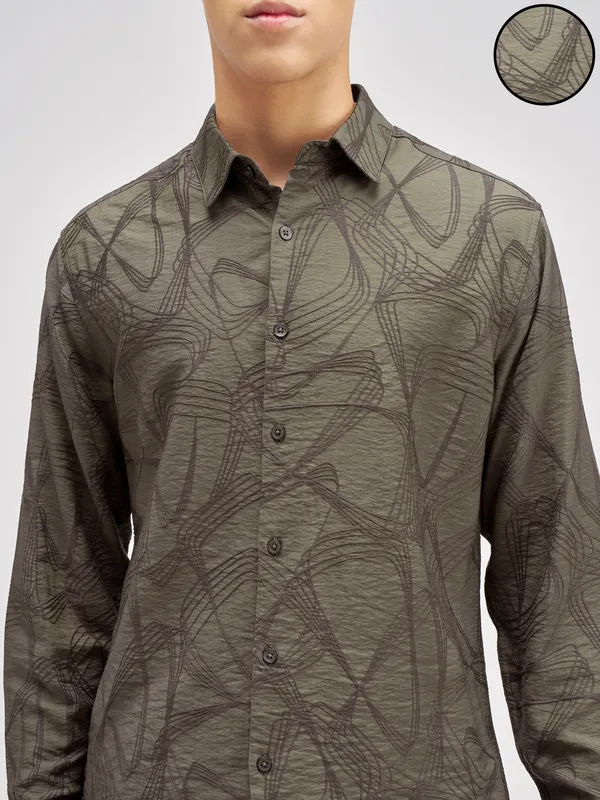 Highlander Men Olive Embroidered Relaxed Fit Casual Shirt