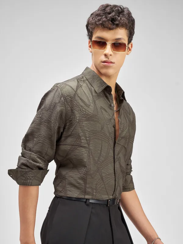 Highlander Men Olive Embroidered Relaxed Fit Casual Shirt