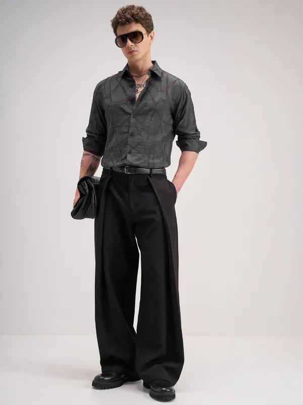 Highlander Men Grey Self Design Slim Fit Casual Shirt