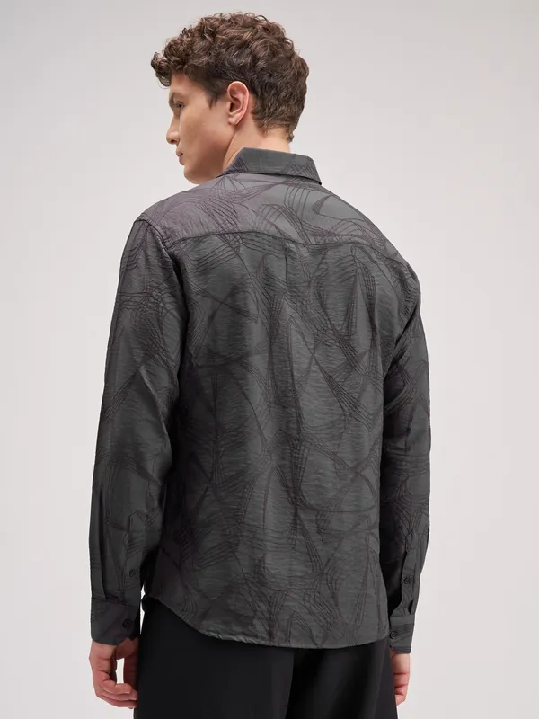 Highlander Men Grey Self Design Slim Fit Casual Shirt