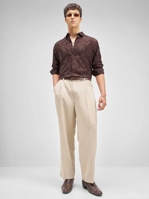 Highlander Men Burgundy Embroidered Relaxed Fit Casual Shirt