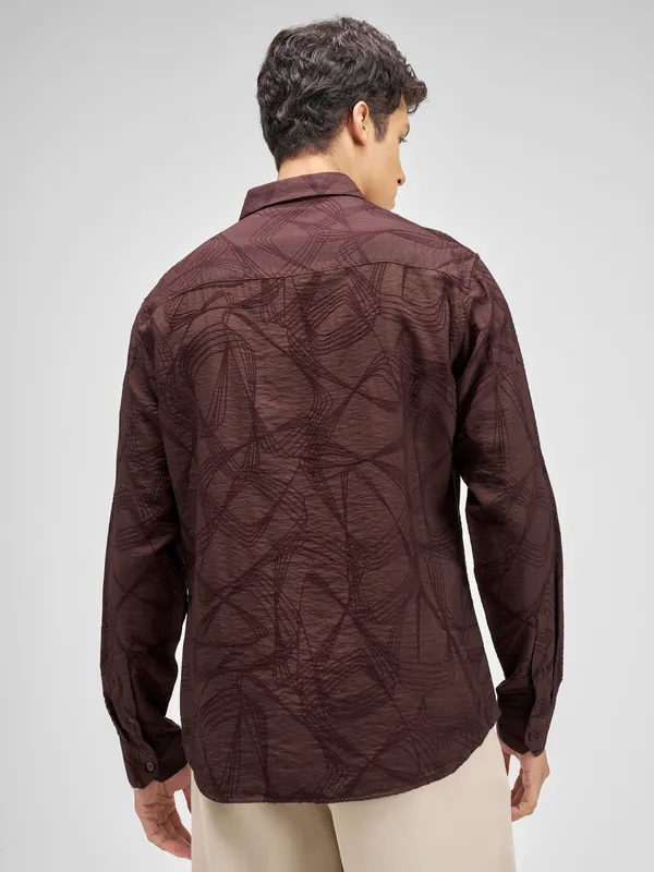 Highlander Men Burgundy Embroidered Relaxed Fit Casual Shirt