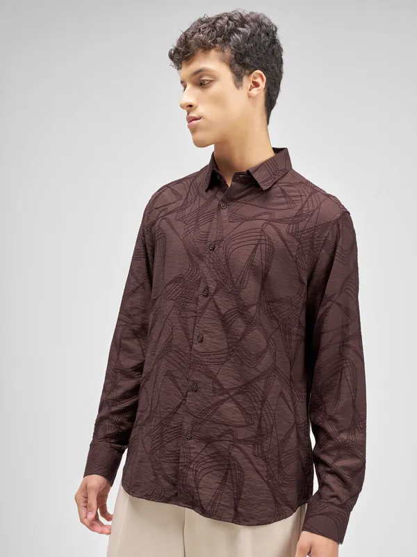Highlander Men Burgundy Embroidered Relaxed Fit Casual Shirt