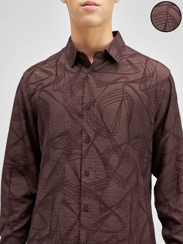 Highlander Men Burgundy Embroidered Relaxed Fit Casual Shirt