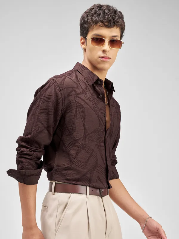 Highlander Men Burgundy Embroidered Relaxed Fit Casual Shirt