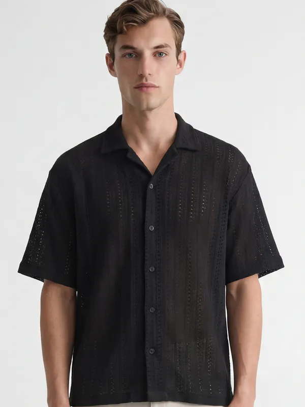 Highlander Men Black Self Design Relaxed Fit Casual Shirt