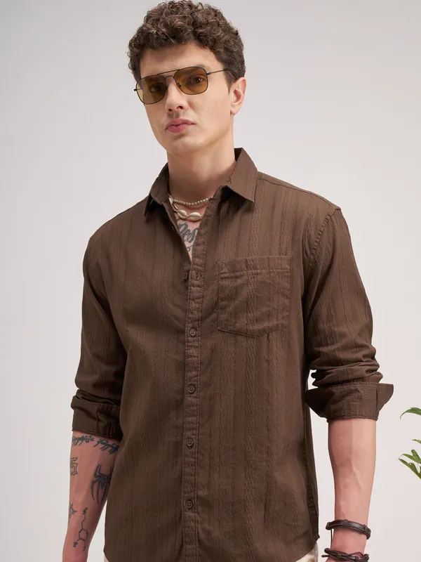 Highlander Men Brown Striped Regular Fit Casual Shirt