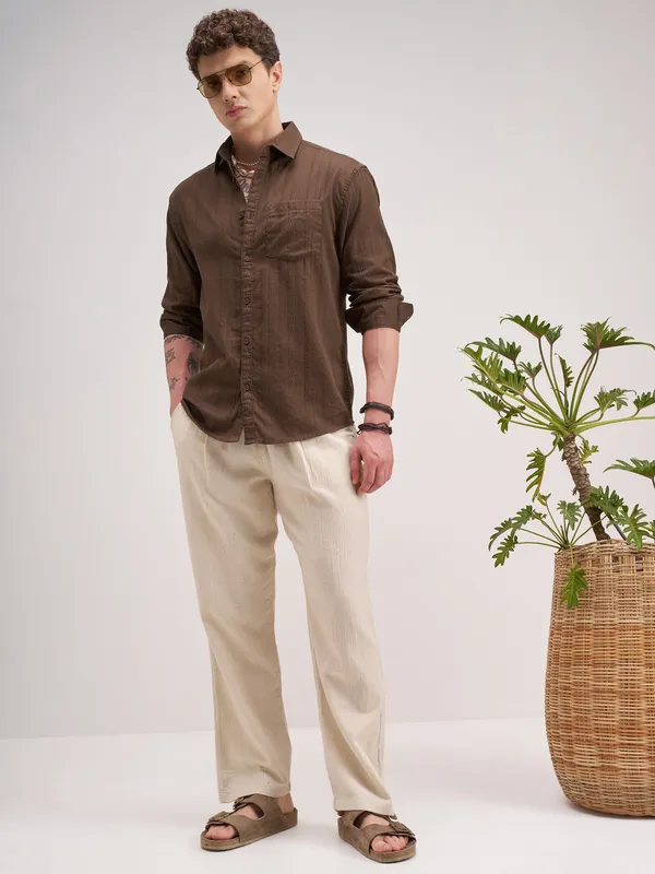 Highlander Men Brown Striped Regular Fit Casual Shirt