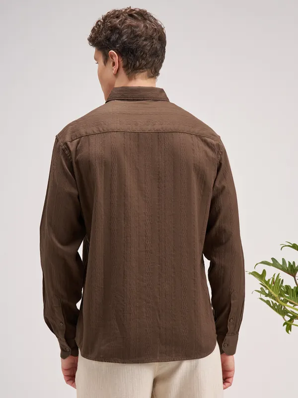 Highlander Men Brown Striped Regular Fit Casual Shirt