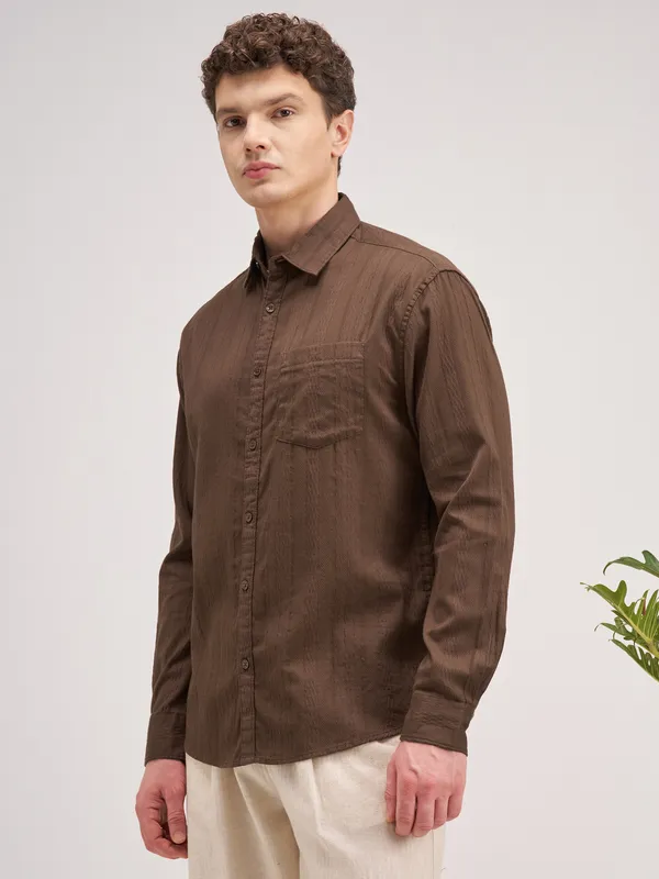 Highlander Men Brown Striped Regular Fit Casual Shirt