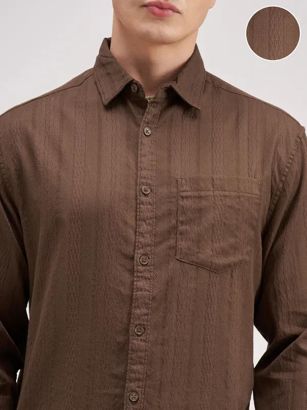 Highlander Men Brown Striped Regular Fit Casual Shirt