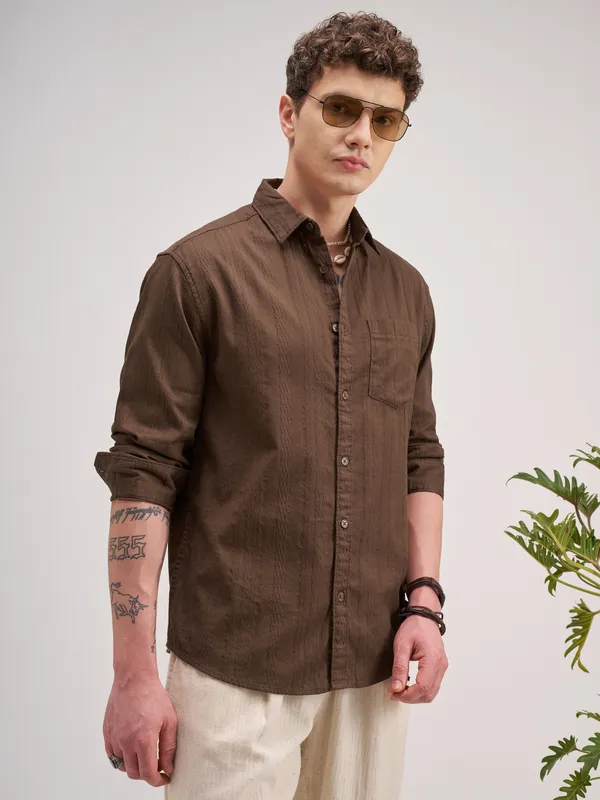 Highlander Men Brown Striped Regular Fit Casual Shirt
