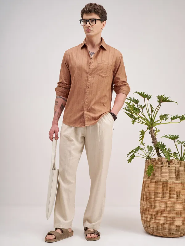 Highlander Men Coral Striped Regular Fit Casual Shirt