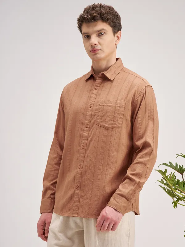 Highlander Men Coral Striped Regular Fit Casual Shirt