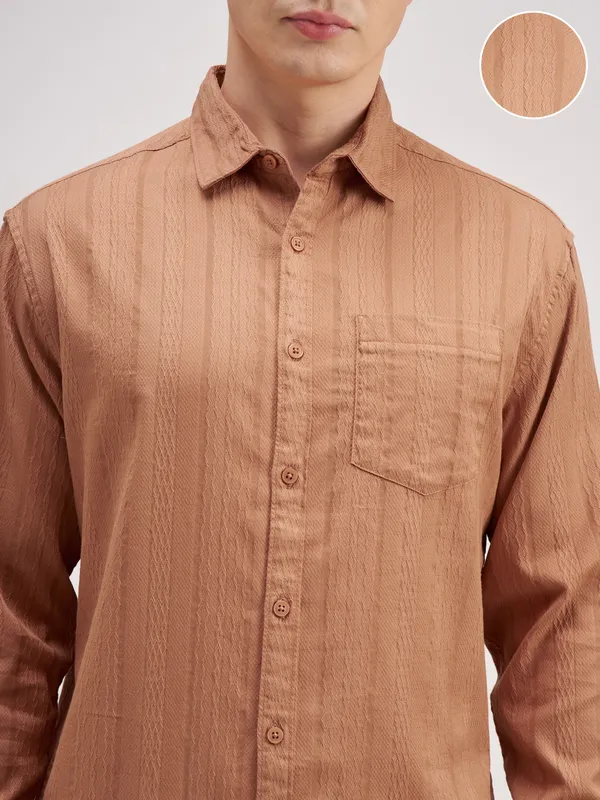 Highlander Men Coral Striped Regular Fit Casual Shirt