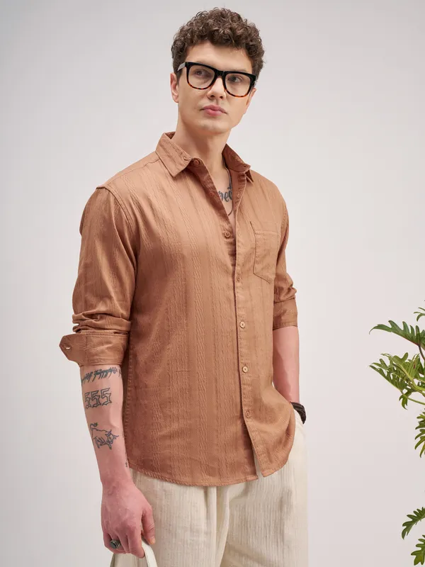 Highlander Men Coral Striped Regular Fit Casual Shirt