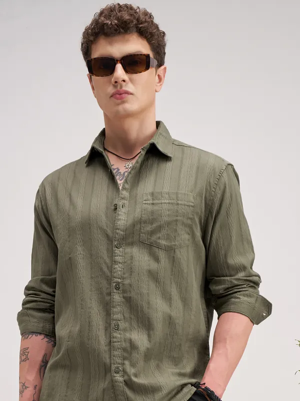 Highlander Men Olive Striped Regular Fit Casual Shirt
