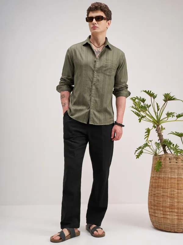 Highlander Men Olive Striped Regular Fit Casual Shirt