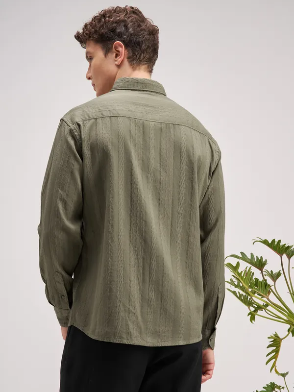 Highlander Men Olive Striped Regular Fit Casual Shirt