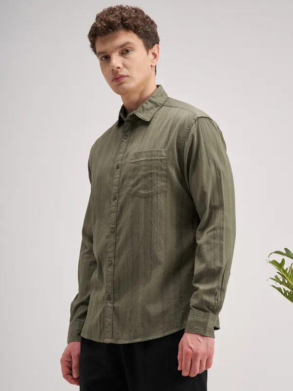 Highlander Men Olive Striped Regular Fit Casual Shirt