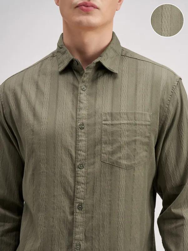 Highlander Men Olive Striped Regular Fit Casual Shirt