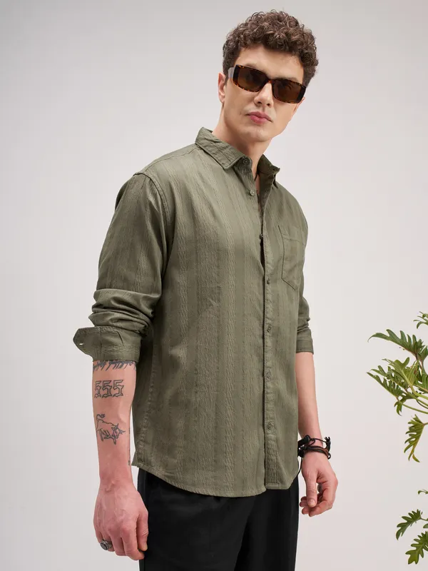 Highlander Men Olive Striped Regular Fit Casual Shirt