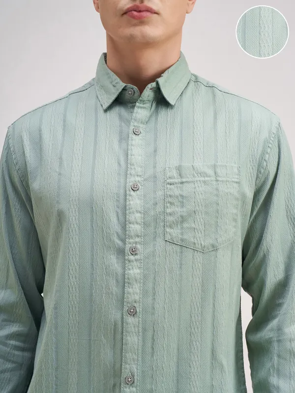 Highlander Men Green Striped Regular Fit Casual Shirt