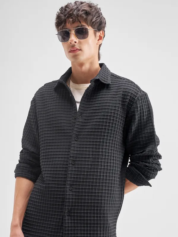 Highlander Men Black Self Design Relaxed Fit Casual Shirt