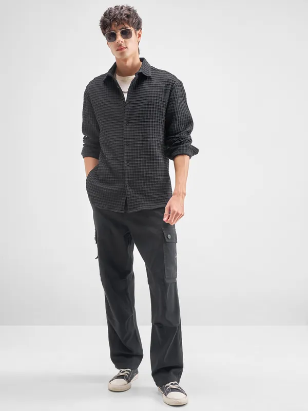 Highlander Men Black Self Design Relaxed Fit Casual Shirt