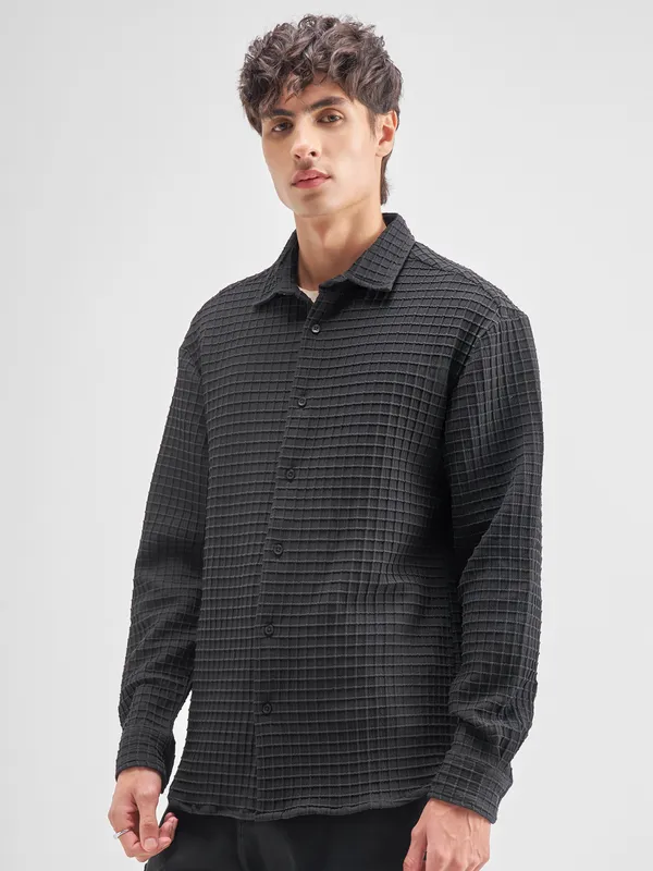 Highlander Men Black Self Design Relaxed Fit Casual Shirt